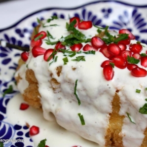 Chile en Nogada with Cilantro and Pomegranate Seeds